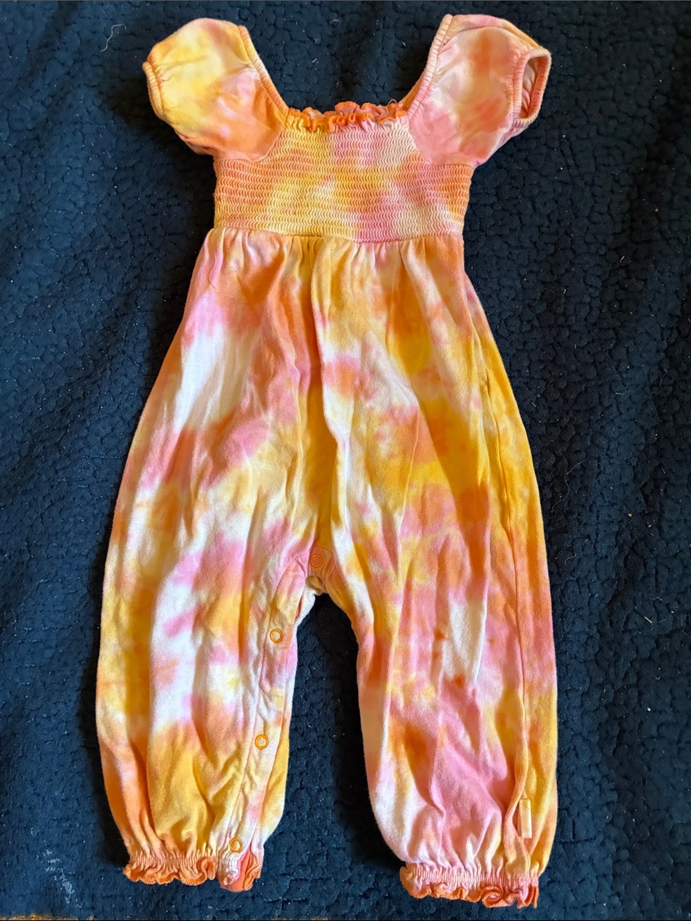 Burt's Bees Pink & Yellow Tie-Dye Smocked Romper